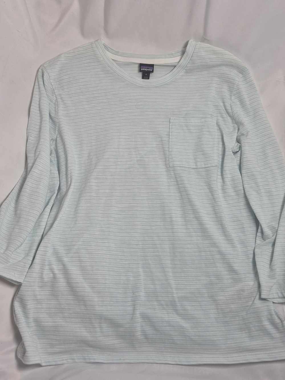 Patagonia Ice Blue Striped Mainstay 3/4 Sleeve Pocket Top Shirt Medium Boho